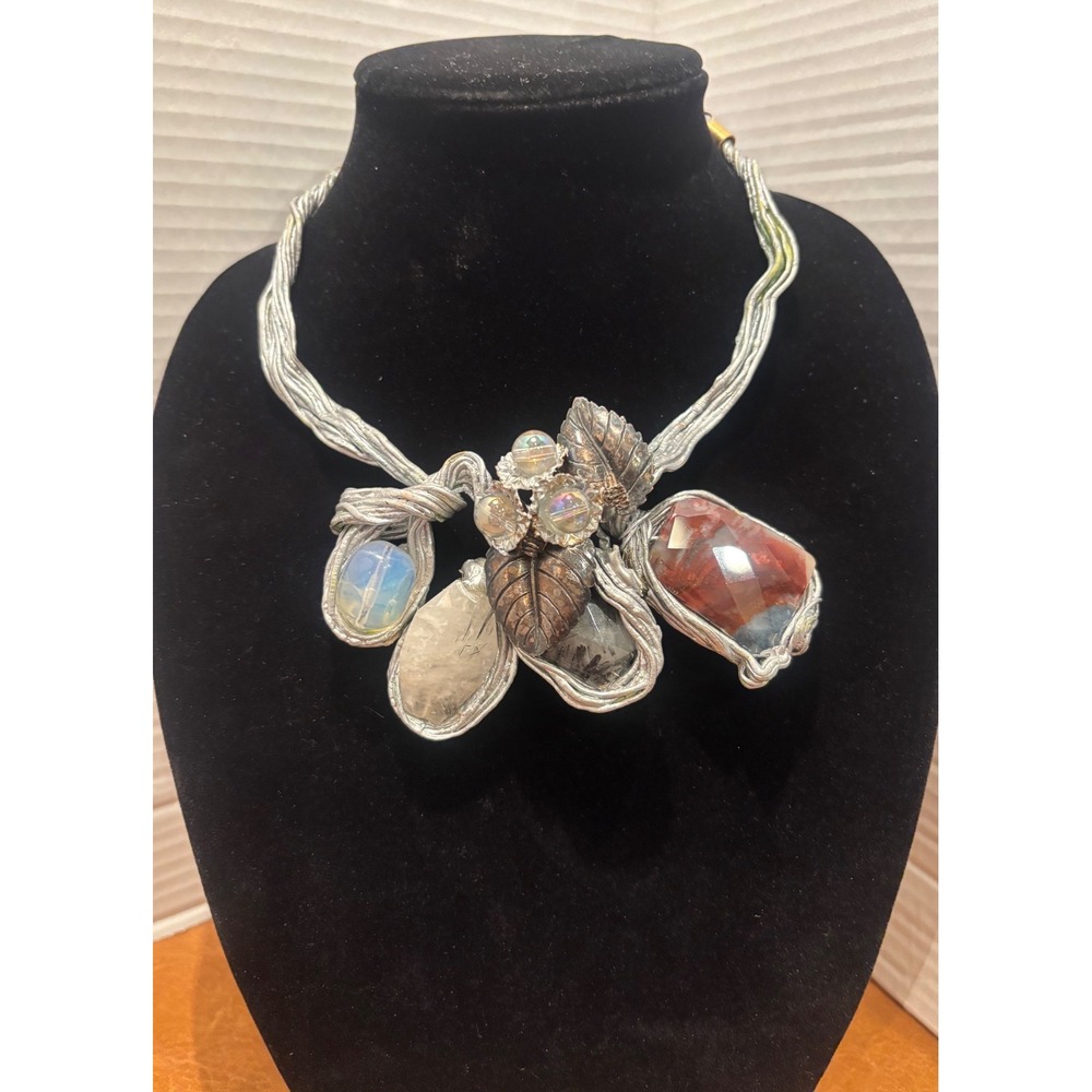 Artisan Mixed Stone Statement Necklace Jasper Quartz Moonstone Wire Wrap Silver